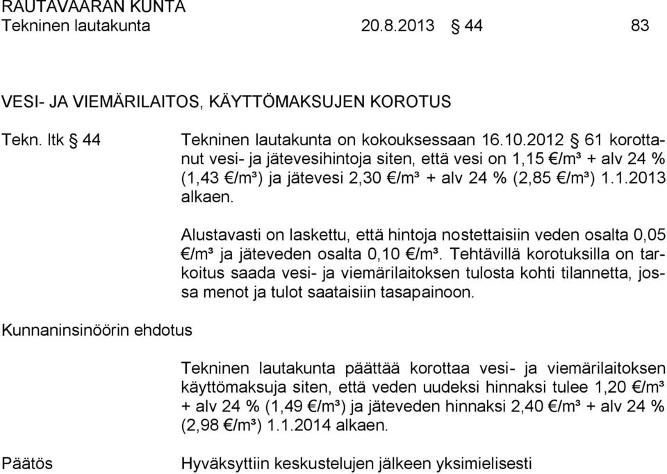 Kunnaninsinöörin ehdotus Alustavasti on laskettu, että hintoja nostettaisiin veden osalta 0,05 /m³ ja jäteveden osalta 0,10 /m³.