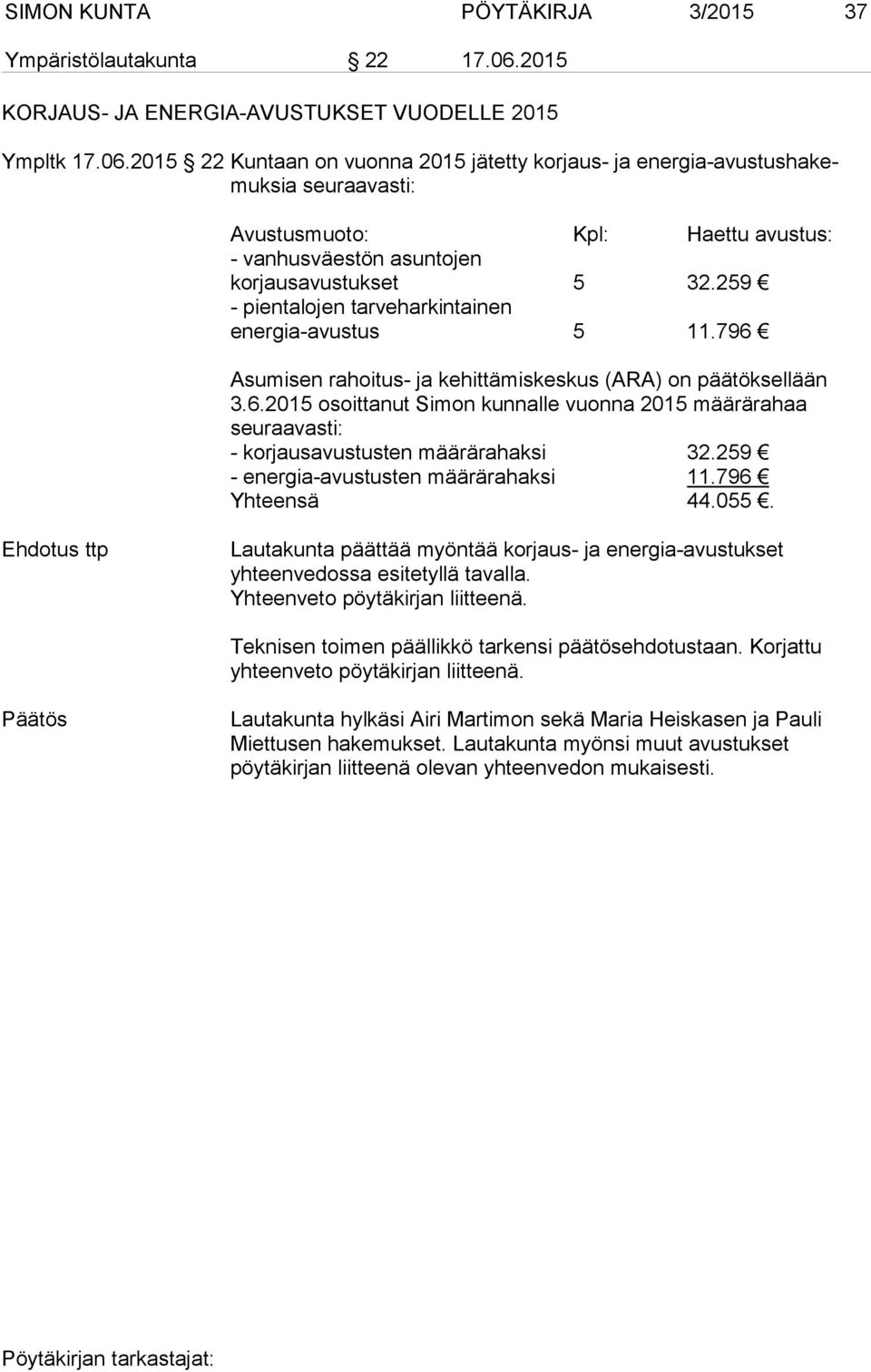 2015 22 Kuntaan on vuonna 2015 jätetty korjaus- ja ener gia-avus tus ha kemuk sia seuraavasti: Avustusmuoto: Kpl: Haettu avustus: - vanhusväestön asuntojen korjausavustukset 5 32.