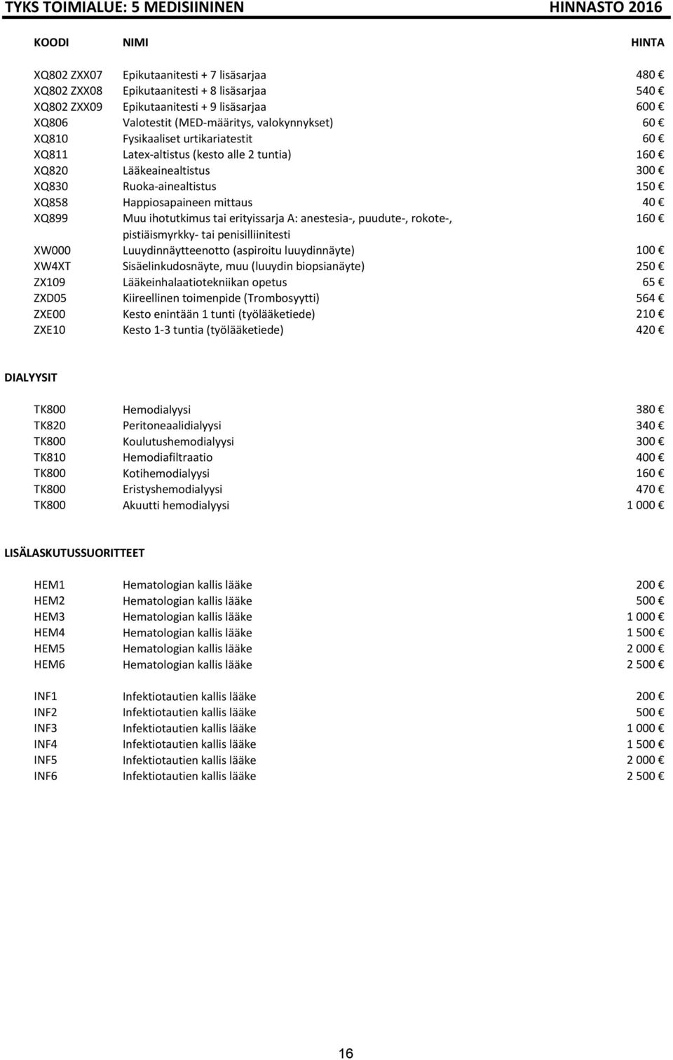 Happiosapaineen mittaus 40 XQ899 Muu ihotutkimus tai erityissarja A: anestesia-, puudute-, rokote-, 160 pistiäismyrkky- tai penisilliinitesti XW000 Luuydinnäytteenotto (aspiroitu luuydinnäyte) 100