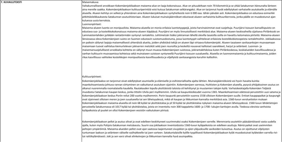 Alue on tarjonnut hyvät edellytykset varhaiselle asutukselle ja elämälle alueella. Alueen kehitys on selkeä ja yhtenäinen aina Kokemäenjokilaakson syntyhetkestä noin 6 000 eaa. tähän päivään asti.