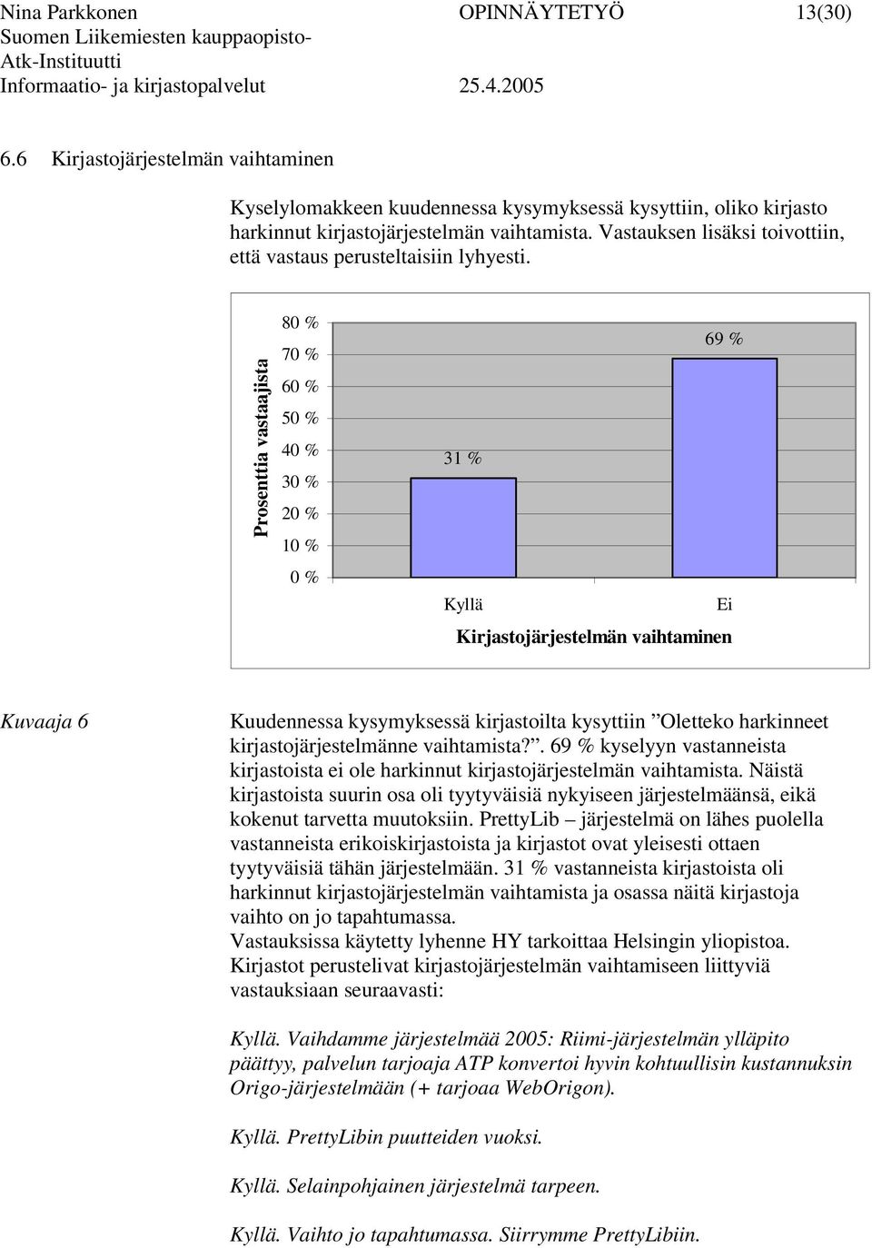 Prosenttia vastaajista 80 % 70 % 60 % 50 % 40 % 30 % 20 % 10 % 0 % 69 % 31 % Kyllä Ei Kirjastojärjestelmän vaihtaminen Kuvaaja 6 Kuudennessa kysymyksessä kirjastoilta kysyttiin Oletteko harkinneet