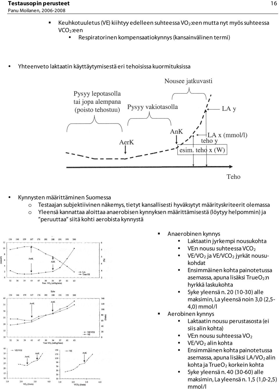 kynnyksen määrittämisestä (löytyy helpommin) ja peruuttaa siitä kohti aerobista kynnystä Anaerobinen kynnys Laktaatin jyrkempi nousukohta VE:n nousu suhteessa VCO 2 VE/VO 2 ja VE/VCO 2 jyrkät