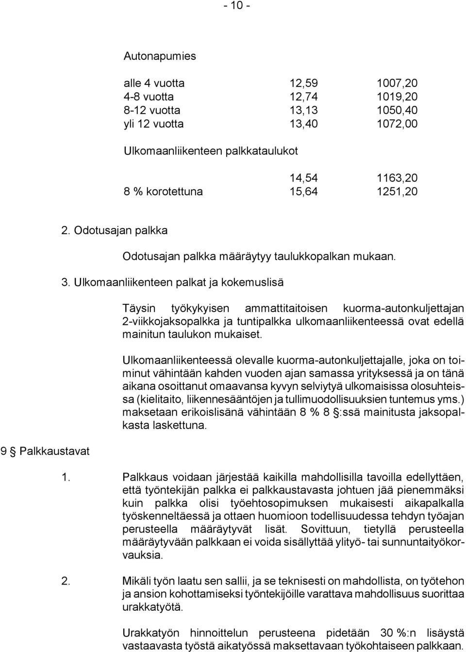 Ulkomaanliikenteen palkat ja kokemuslisä Täysin työkykyisen ammattitaitoisen kuorma-autonkuljettajan 2-viikkojaksopalkka ja tuntipalkka ulkomaanliikenteessä ovat edellä mainitun taulukon mukaiset.