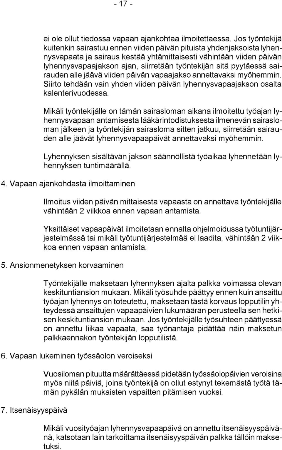 työntekijän sitä pyytäessä sairauden alle jäävä viiden päivän vapaajakso annettavaksi myöhemmin. Siirto tehdään vain yhden viiden päivän lyhennysvapaajakson osalta kalenterivuodessa.