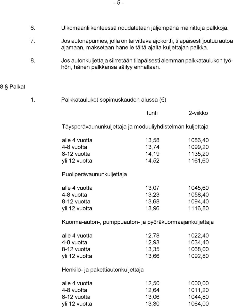 Jos autonkuljettaja siirretään tilapäisesti alemman palkkataulukon työhön, hänen palkkansa säilyy ennallaan. 8 Palkat 1.