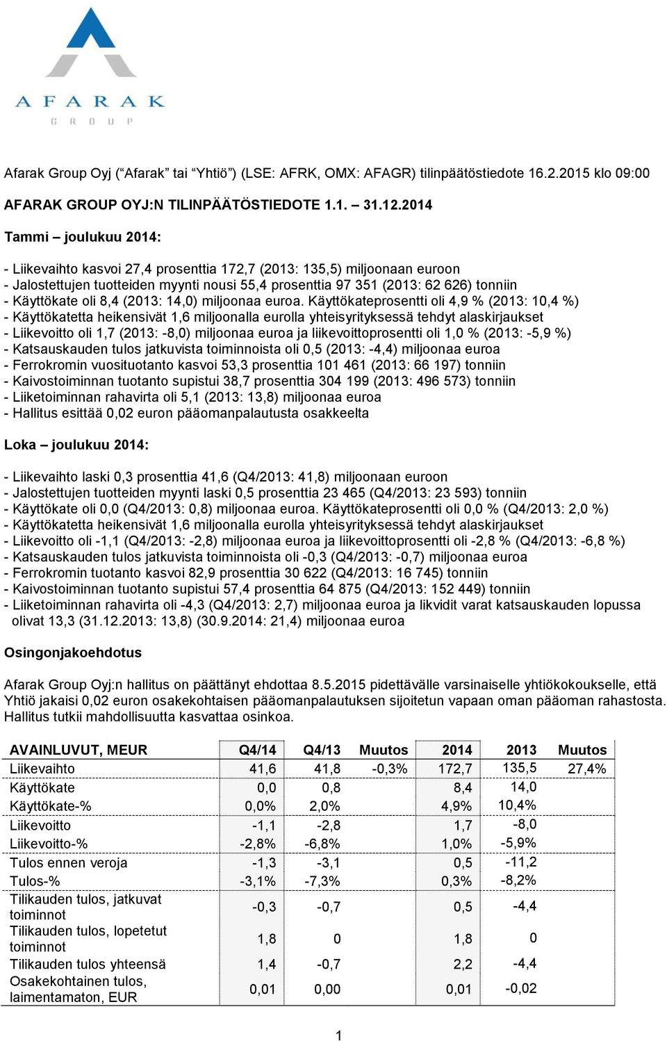 oli 8,4 (2013: 14,0) miljoonaa euroa.