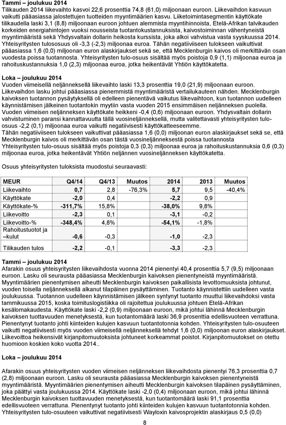 tuotantokustannuksista, kaivostoiminnan vähentyneistä myyntimääristä sekä Yhdysvaltain dollarin heikosta kurssista, joka alkoi vahvistua vasta syyskuussa 2014.