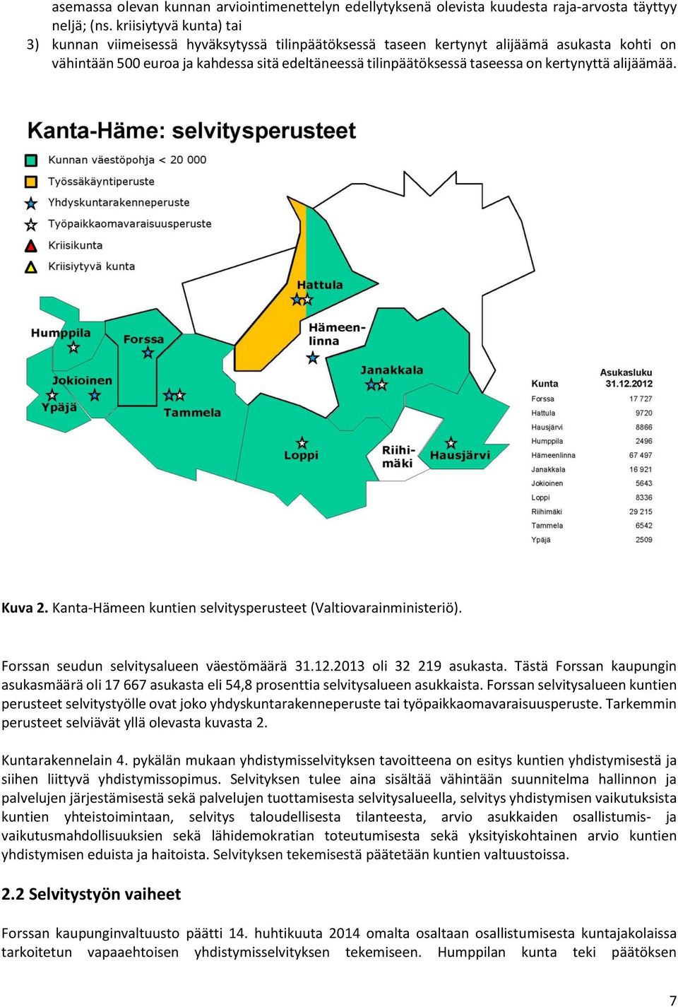 kertynyttä alijäämää. Kuva 2. Kanta-Hämeen kuntien selvitysperusteet (Valtiovarainministeriö). Forssan seudun selvitysalueen väestömäärä 31.12.2013 oli 32 219 asukasta.