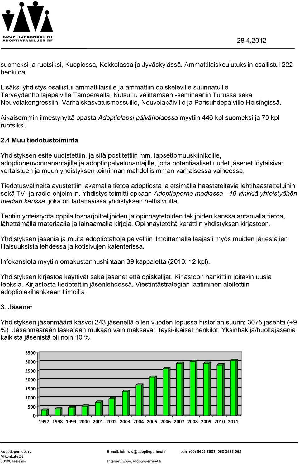 Varhaiskasvatusmessuille, Neuvolapäiville ja Parisuhdepäiville Helsingissä. Aikaisemmin ilmestynyttä opasta Adoptiolapsi päivähoidossa myytiin 446 kpl suomeksi ja 70 kpl ruotsiksi. 2.