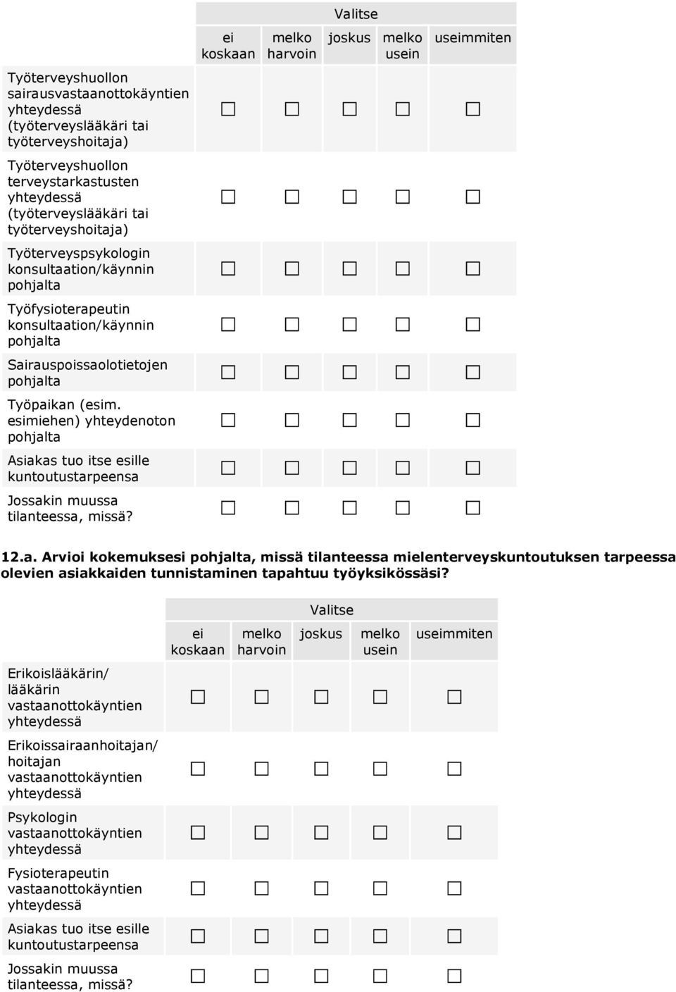 esimiehen) yhteydenoton pohlta Asiakas tuo itse esille kuntoutustarpeensa Jossakin muussa tilanteessa, missä? 12.a. Arvioi kokemuksesi pohlta, missä tilanteessa mielenterveys tarpeessa olevien asiakkaiden tunnistaminen tapahtuu työyksikössäsi?