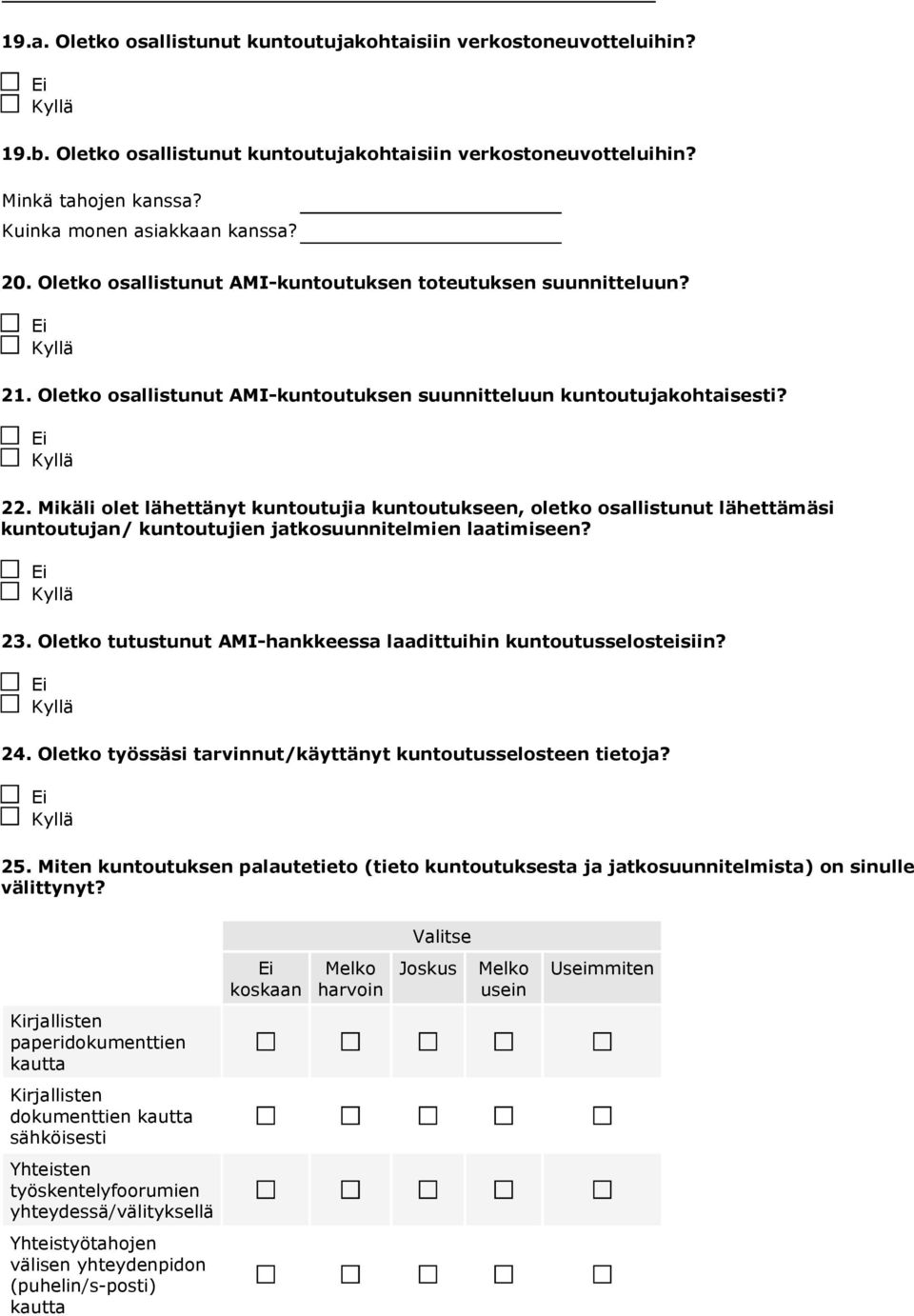 Mikäli olet lähettänyt kuntoutujia kuntoutukseen, oletko osallistunut lähettämäsi kuntoutun/ kuntoutujien tkosuunnitelmien laatimiseen? 23.