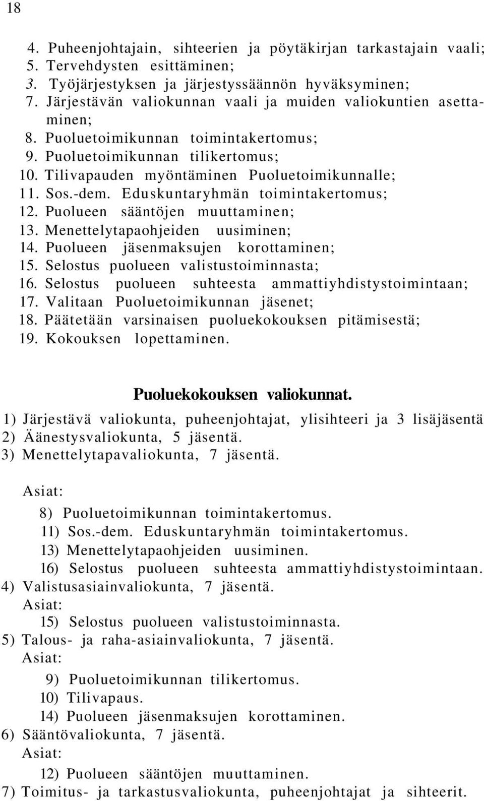 -dem. Eduskuntaryhmän toimintakertomus; 12. Puolueen sääntöjen muuttaminen; 13. Menettelytapaohjeiden uusiminen; 14. Puolueen jäsenmaksujen korottaminen; 15. Selostus puolueen valistustoiminnasta; 16.