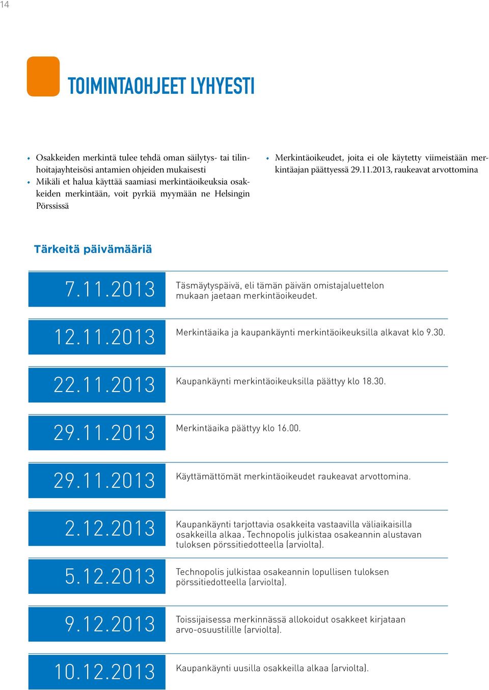 2013, raukeavat arvottomina Tärkeitä päivämääriä 7.11.2013 Täsmäytyspäivä, eli tämän päivän omistajaluettelon mukaan jaetaan merkintäoikeudet. 12.11.2013 Merkintäaika ja kaupankäynti merkintäoikeuksilla alkavat klo 9.