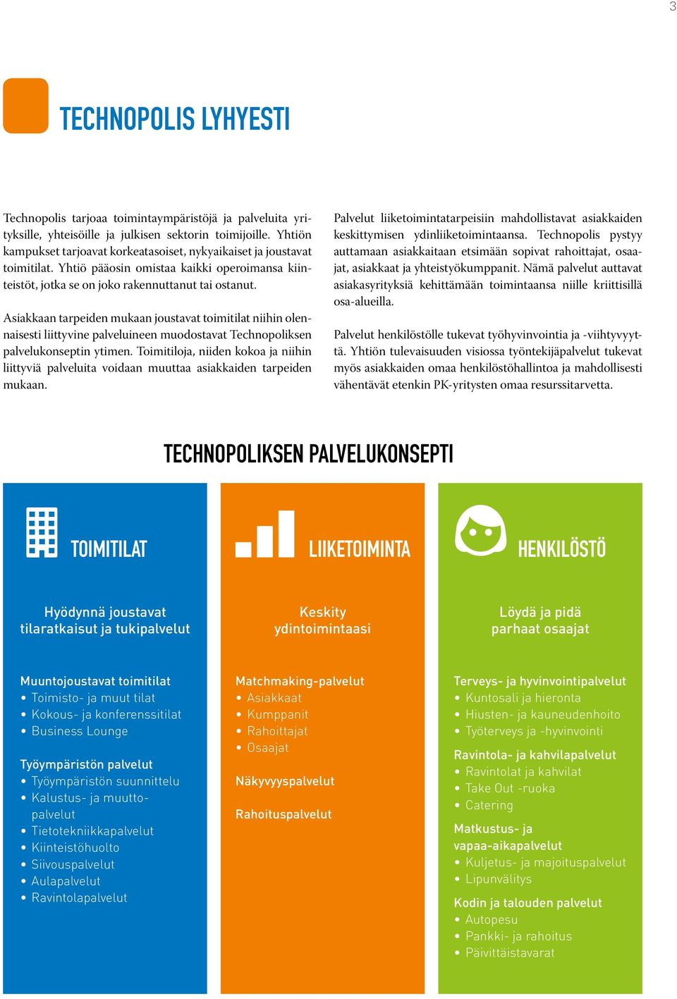Asiakkaan tarpeiden mukaan joustavat toimitilat niihin olennaisesti liittyvine palveluineen muodostavat Technopoliksen palvelukonseptin ytimen.