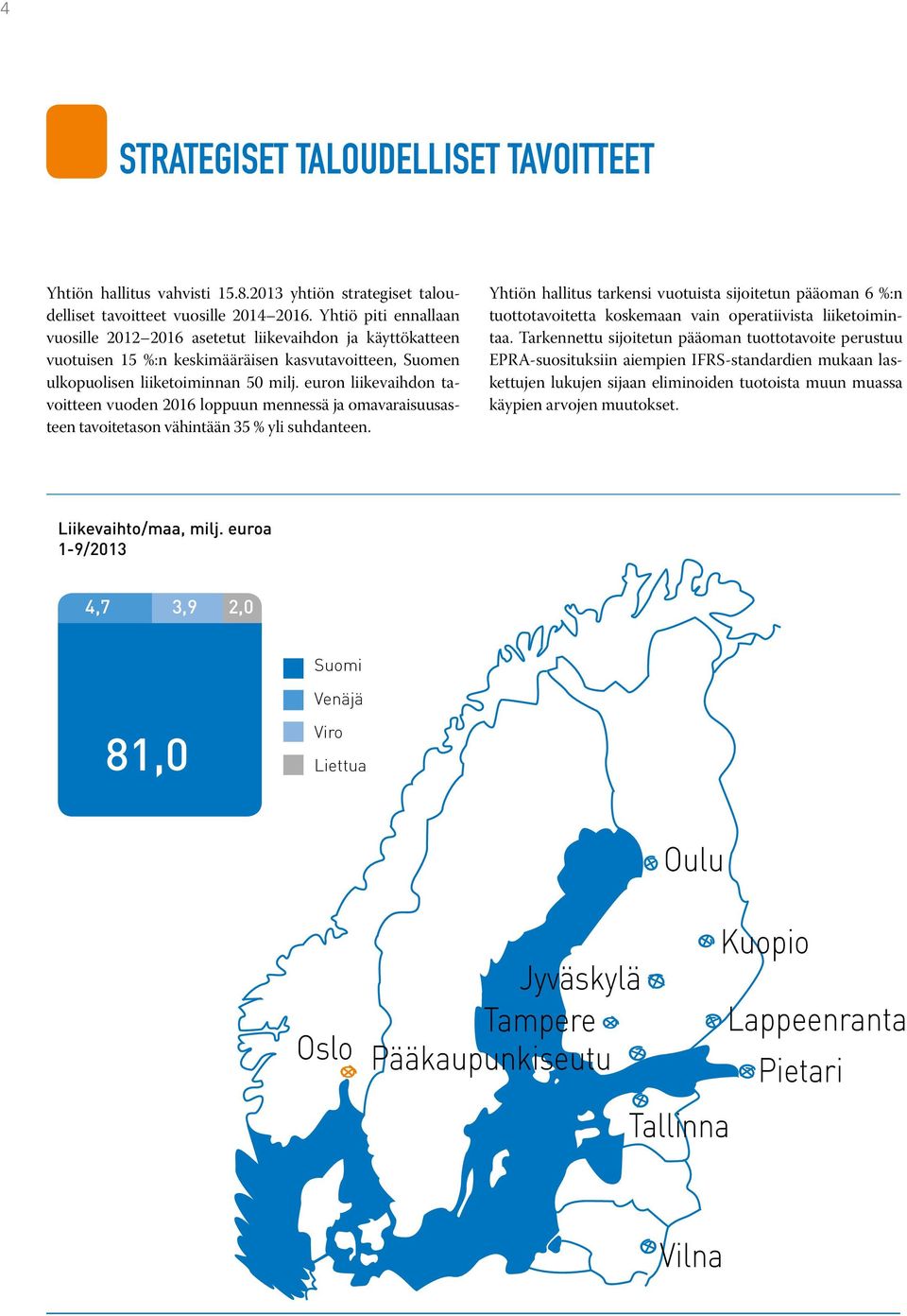 euron liikevaihdon tavoitteen vuoden 2016 loppuun mennessä ja omavaraisuusasteen tavoitetason vähintään 35 % yli suhdanteen.