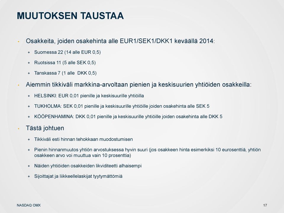 alle SEK 5 + KÖÖPENHAMINA: DKK 0,01 pienille ja keskisuurille yhtiöille joiden osakehinta alle DKK 5 Tästä johtuen + Tikkiväli esti hinnan tehokkaan muodostumisen + Pienin hinnanmuutos yhtiön