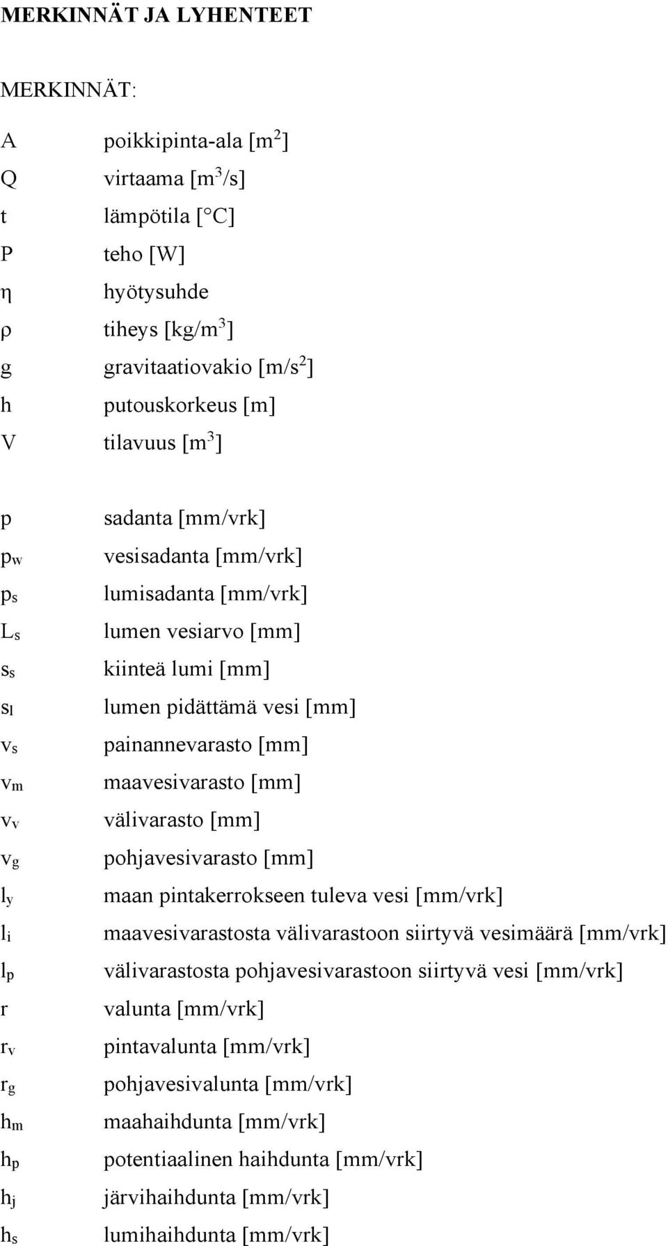 painannevarasto [mm] maavesivarasto [mm] välivarasto [mm] pohjavesivarasto [mm] maan pintakerrokseen tuleva vesi [mm/vrk] maavesivarastosta välivarastoon siirtyvä vesimäärä [mm/vrk] välivarastosta