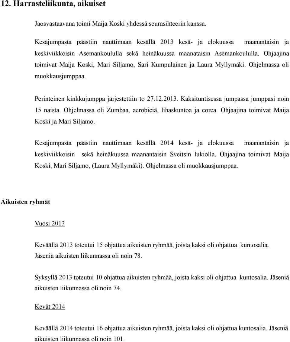 Ohjaajina toimivat Maija Koski, Mari Siljamo, Sari Kumpulainen ja Laura Myllymäki. Ohjelmassa oli muokkausjumppaa. Perinteinen kinkkujumppa järjestettiin to 27.12.2013.