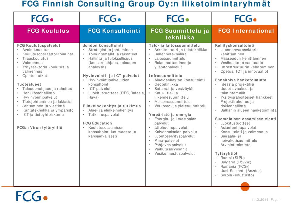 Kuntatekniikka ja ympäristö ICT ja tietoyhteiskunta FCG:n Viron tytäryhtiö Johdon konsultointi Strategiat ja johtaminen Toimintamallit ja rakenteet Hallinta ja tuloksellisuus (konserniohjaus,