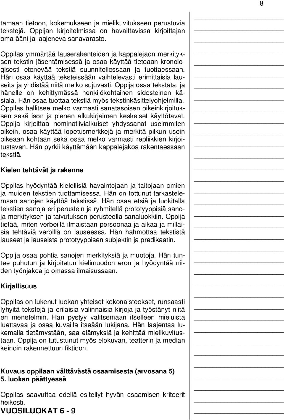 Hän osaa käyttää teksteissään vaihtelevasti erimittaisia lauseita ja yhdistää niitä melko sujuvasti. Oppija osaa tekstata, ja hänelle on kehittymässä henkilökohtainen sidosteinen käsiala.