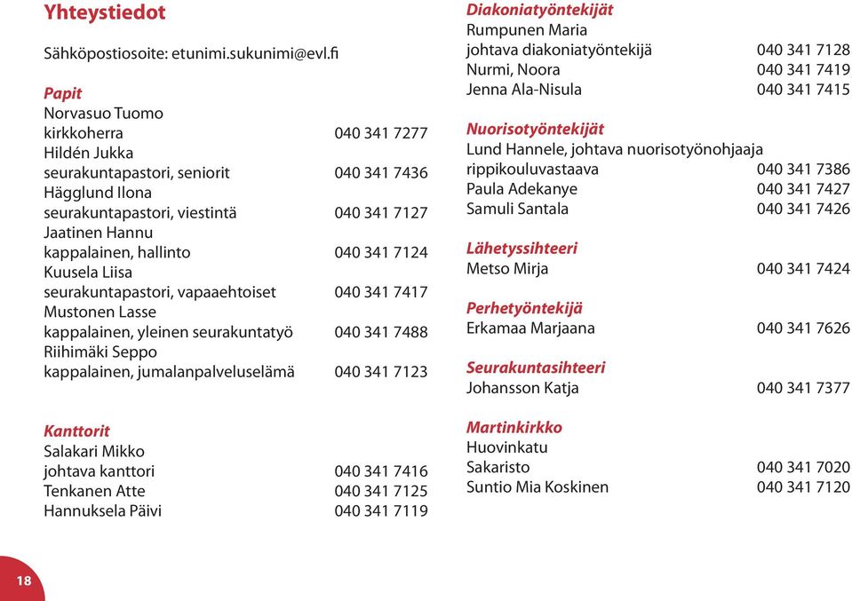 040 341 7124 Kuusela Liisa seurakuntapastori, vapaaehtoiset 040 341 7417 Mustonen Lasse kappalainen, yleinen seurakuntatyö 040 341 7488 Riihimäki Seppo kappalainen, jumalanpalveluselämä 040 341 7123