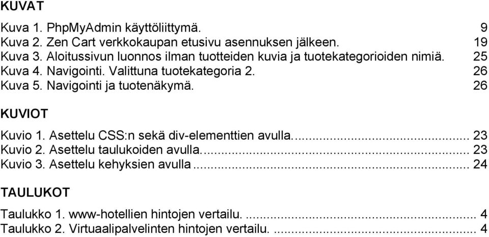 Navigointi ja tuotenäkymä. 9 19 25 26 26 KUVIOT Kuvio 1. Asettelu CSS:n sekä div-elementtien avulla... 23 Kuvio 2.