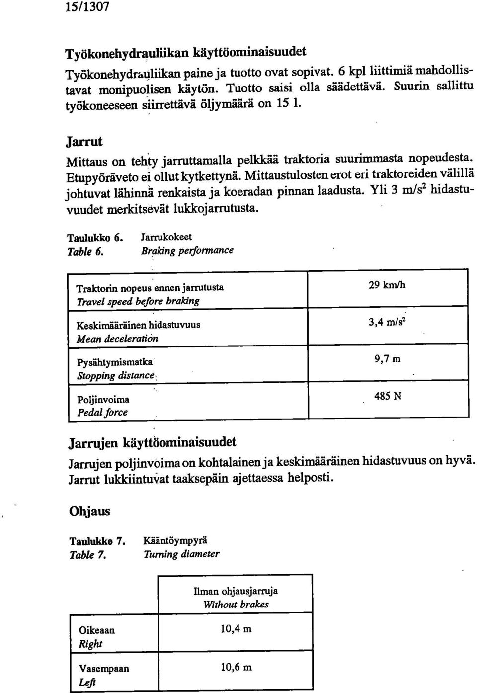 Mittaustulosten erot eri traktoreiden välillä johtuvat lähinnä renkaista ja koeradan pinnan laadusta. Yli 3 m/s' hidastuvuudet merkitsevät lukkojarrutusta. Taulukko 6. Table 6.