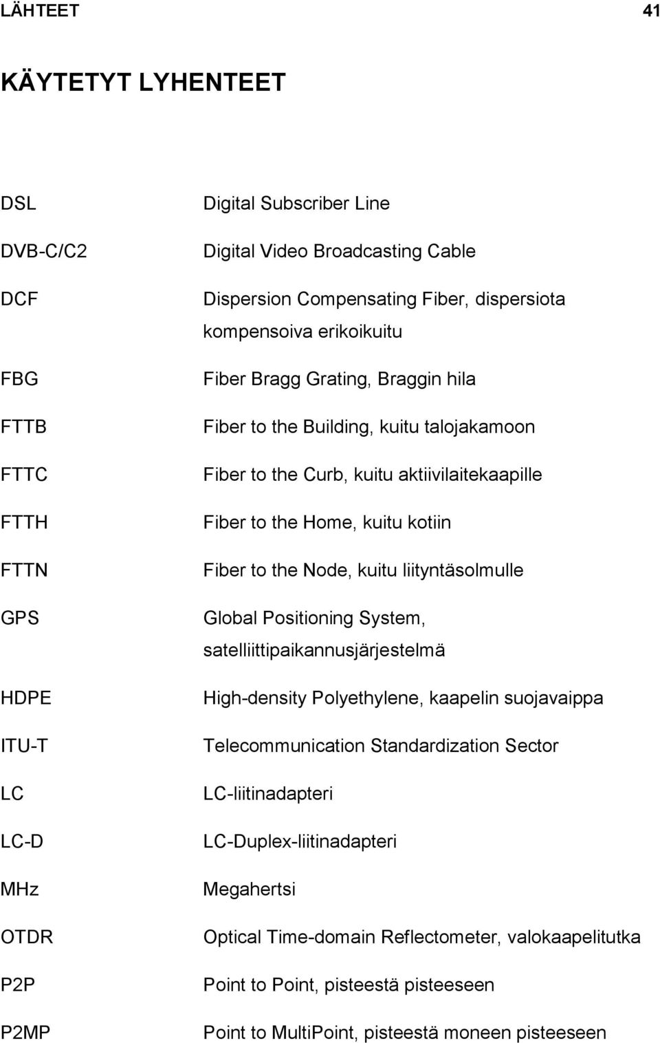 kotiin Fiber to the Node, kuitu liityntäsolmulle Global Positioning System, satelliittipaikannusjärjestelmä High-density Polyethylene, kaapelin suojavaippa Telecommunication Standardization