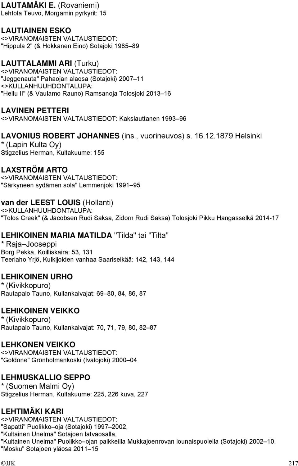 Vaulamo Rauno) Ramsanoja Tolosjoki 2013 16 LAVINEN PETTERI Kakslauttanen 1993 96 LAVONIUS ROBERT JOHANNES (ins., vuorineuvos) s. 16.12.