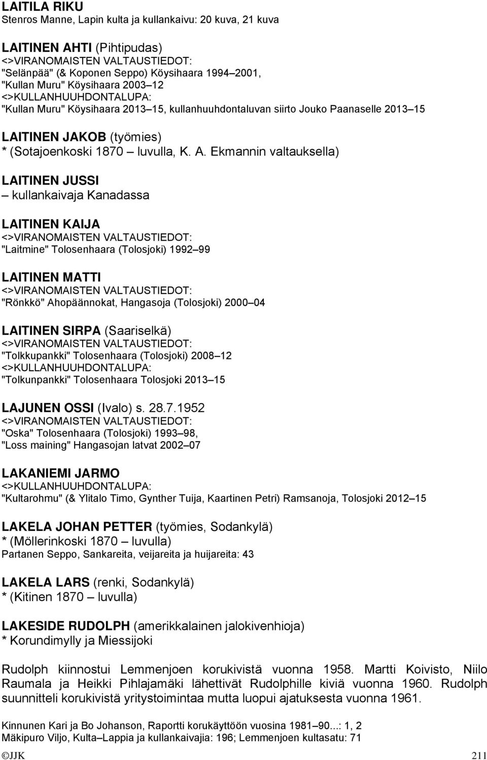 Ekmannin valtauksella) LAITINEN JUSSI kullankaivaja Kanadassa LAITINEN KAIJA "Laitmine" Tolosenhaara (Tolosjoki) 1992 99 LAITINEN MATTI "Rönkkö" Ahopäännokat, Hangasoja (Tolosjoki) 2000 04 LAITINEN