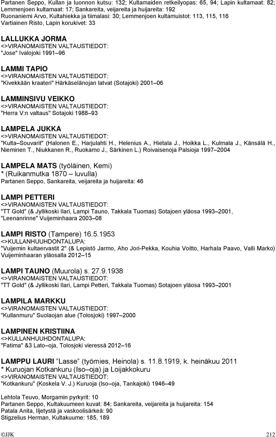 (Sotajoki) 2001 06 LAMMINSIVU VEIKKO "Herra V:n valtaus" Sotajoki 1988 93 LAMPELA JUKKA "Kulta Souvarit" (Halonen E., Harjulahti H., Helenius A., Hietala J., Hoikka L., Kulmala J., Känsälä H.