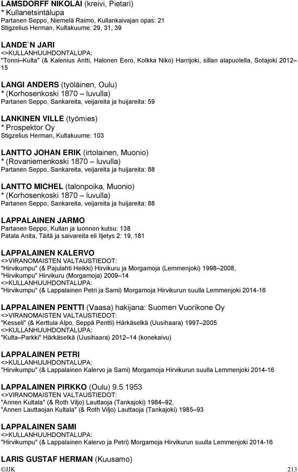 LANKINEN VILLE (työmies) * Prospektor Oy Stigzelius Herman, Kultakuume: 103 LANTTO JOHAN ERIK (irtolainen, Muonio) * (Rovaniemenkoski 1870 luvulla) Partanen Seppo, Sankareita, veijareita ja