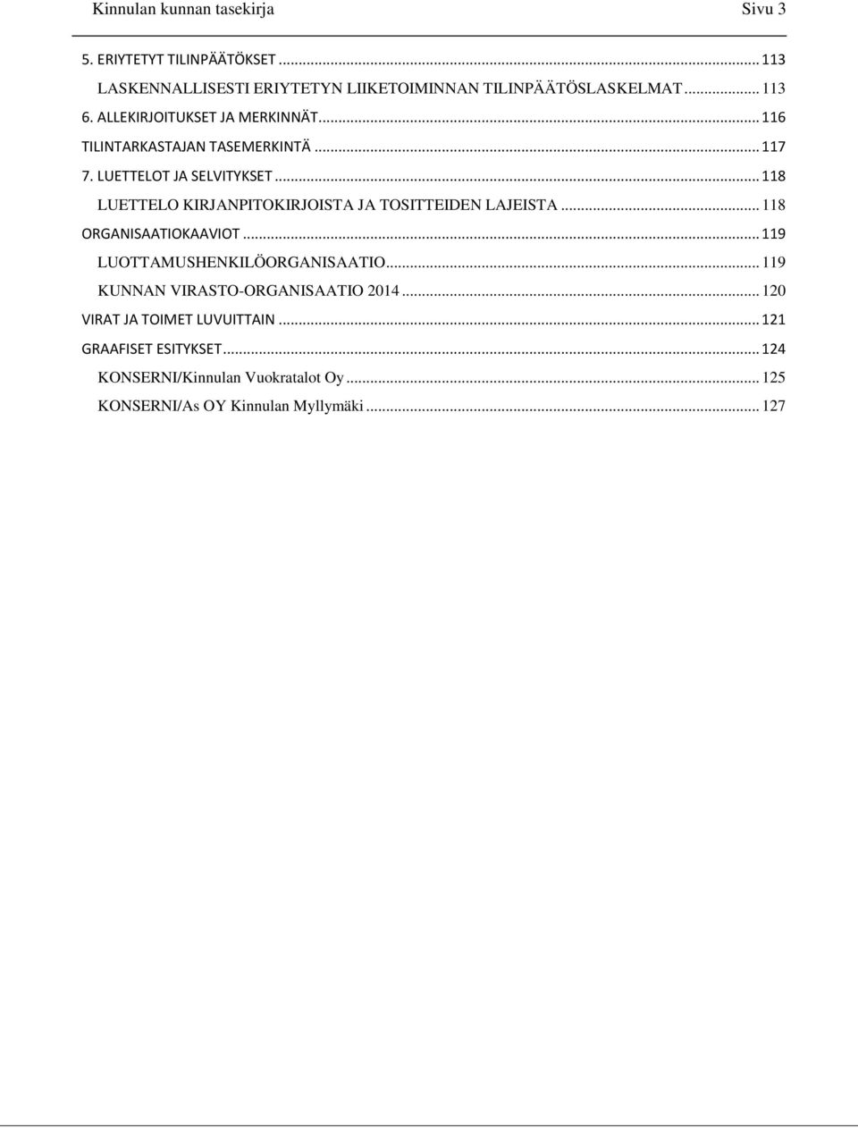 .. 118 LUETTELO KIRJANPITOKIRJOISTA JA TOSITTEIDEN LAJEISTA... 118 ORGANISAATIOKAAVIOT... 119 LUOTTAMUSHENKILÖORGANISAATIO.