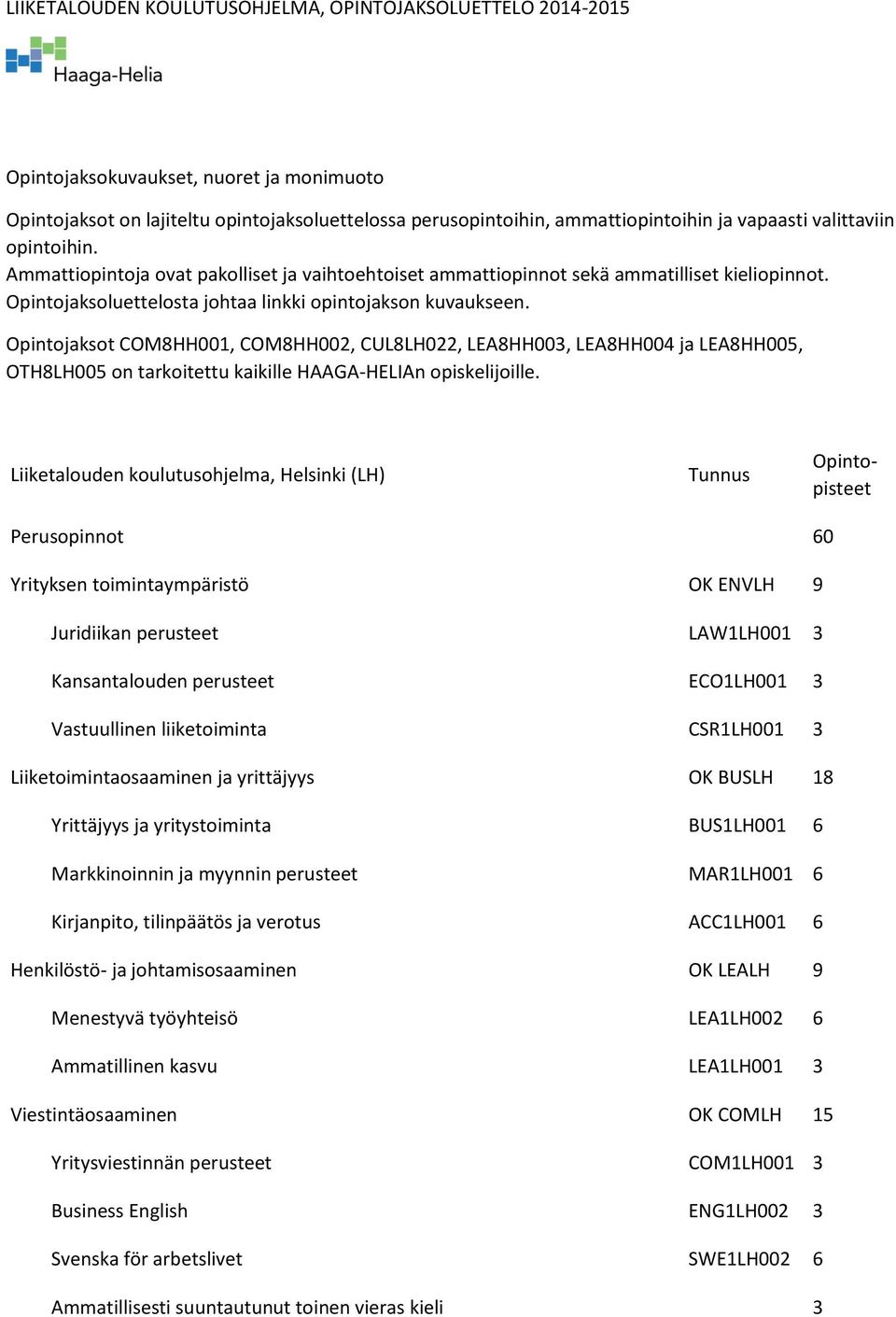 Opintojaksot COM8HH001, COM8HH002, CUL8LH022, LEA8HH003, LEA8HH004 ja LEA8HH005, OTH8LH005 on tarkoitettu kaikille HAAGA-HELIAn opiskelijoille.