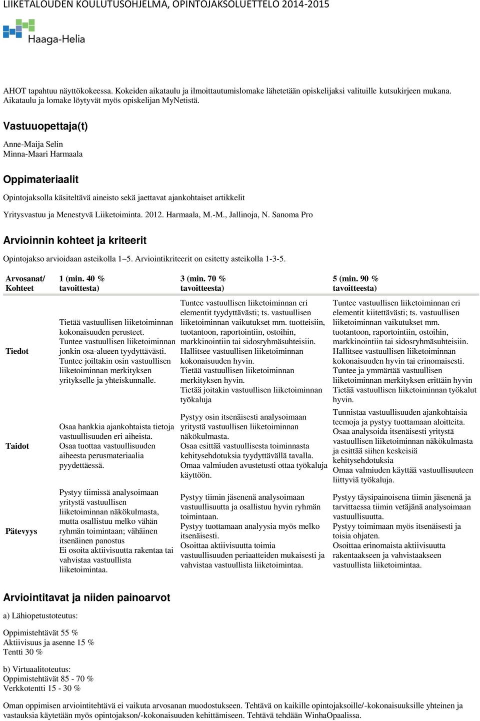 Harmaala, M.-M., Jallinoja, N. Sanoma Pro Arvioinnin kohteet ja kriteerit Opintojakso arvioidaan asteikolla 1 5. Arviointikriteerit on esitetty asteikolla 1-3-5.