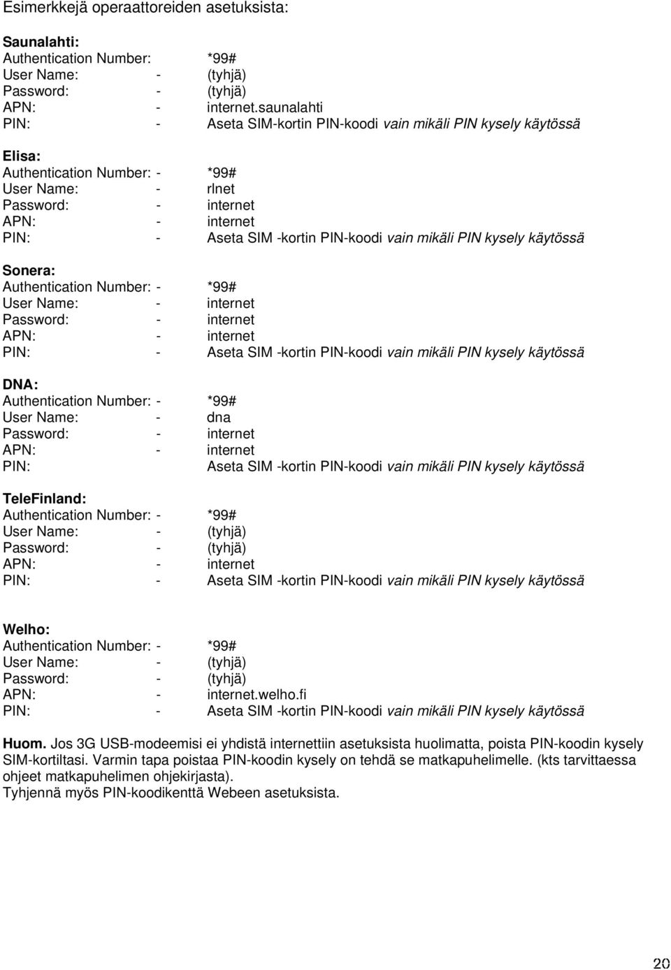 PIN-koodi vain mikäli PIN kysely käytössä Sonera: Authentication Number: - *99# User Name: - internet Password: - internet APN: - internet PIN: - Aseta SIM -kortin PIN-koodi vain mikäli PIN kysely