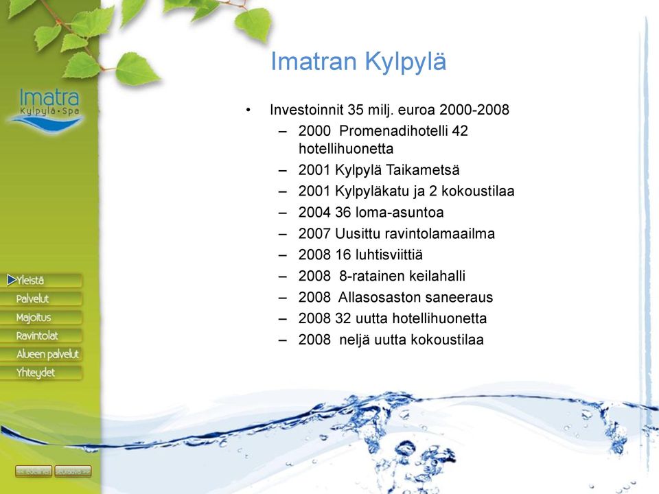 2001 Kylpyläkatu ja 2 kokoustilaa 2004 36 loma-asuntoa 2007 Uusittu ravintolamaailma