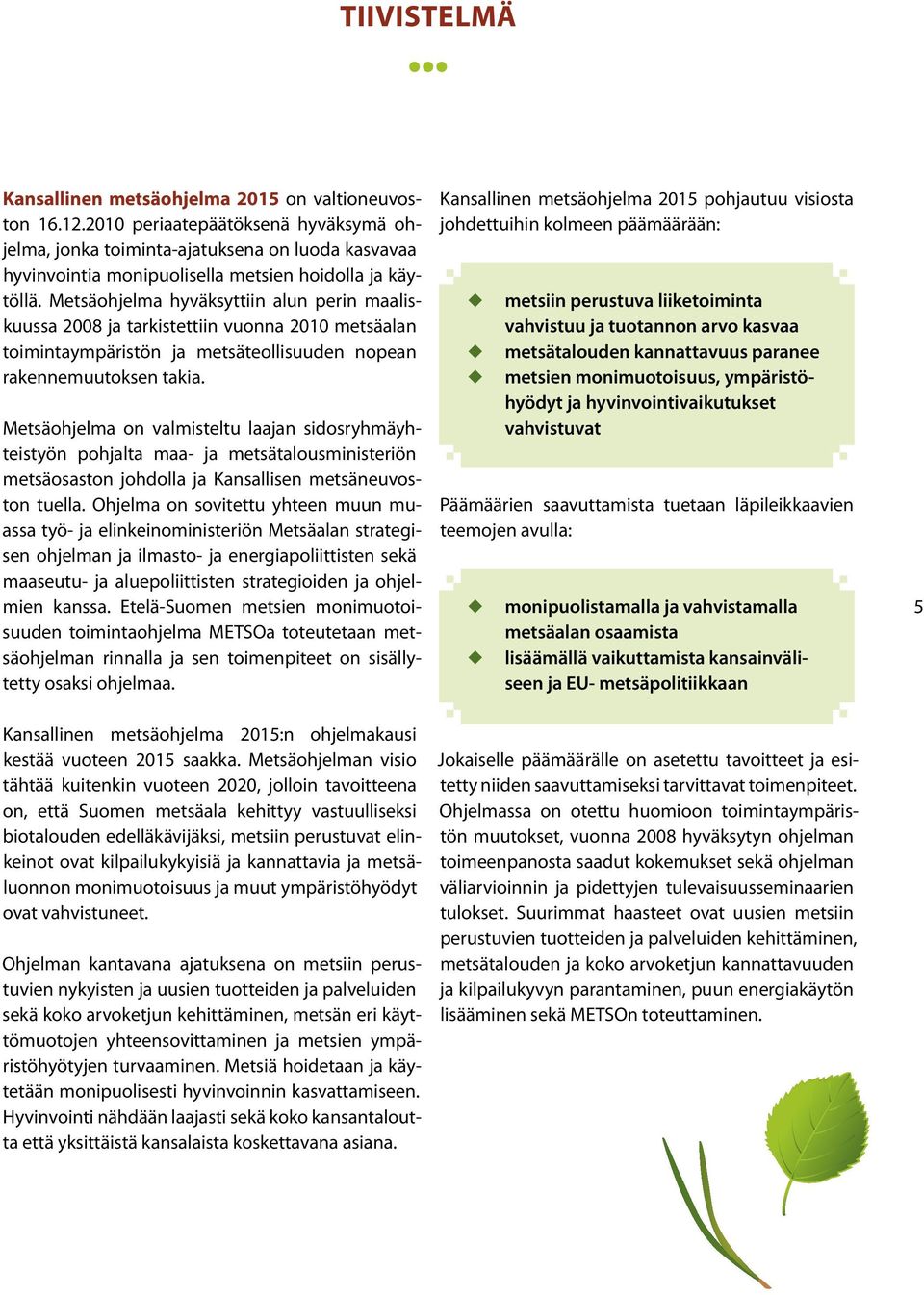 Metsäohjelma hyväksyttiin alun perin maaliskuussa 2008 ja tarkistettiin vuonna 2010 metsäalan toimintaympäristön ja metsäteollisuuden nopean rakennemuutoksen takia.