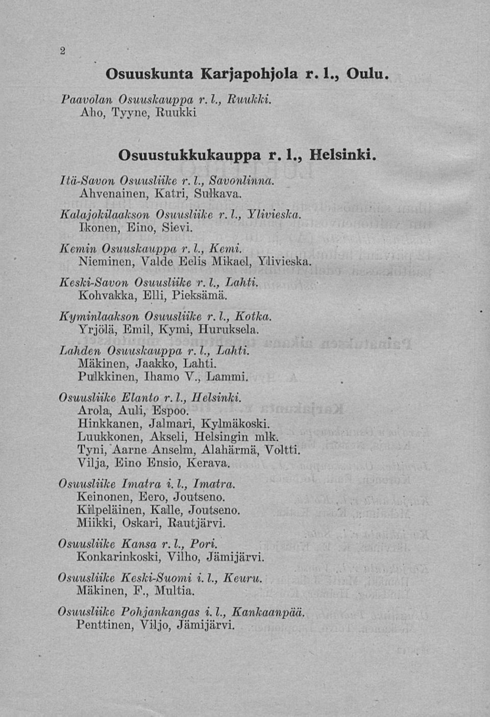 Kyminlaakson Osuusliike r. 1., Kotka. Yrjölä, Emil, Kymi, Huruksela. Lahden Osuuskauppa r. 1., Lahti. Mäkinen, Jaakko, Lahti. Pulkkinen, Ihamo V., Lammi. Osuusliike Elanto r. 1., Helsinki.