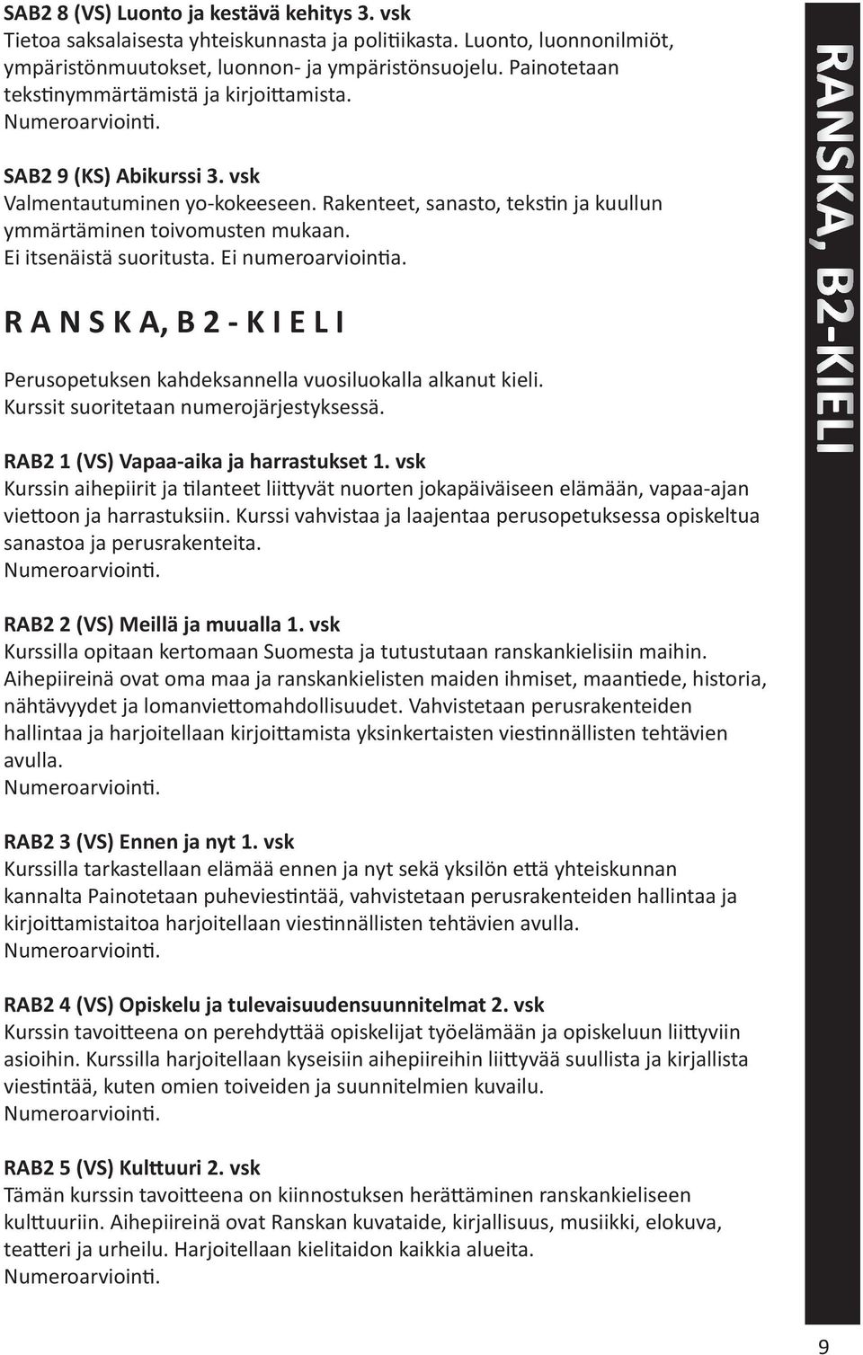 R A N S K A, B 2 - K I E L I Perusopetuksen kahdeksannella vuosiluokalla alkanut kieli. Kurssit suoritetaan numerojärjestyksessä. RAB2 1 (VS) Vapaa-aika ja harrastukset 1.