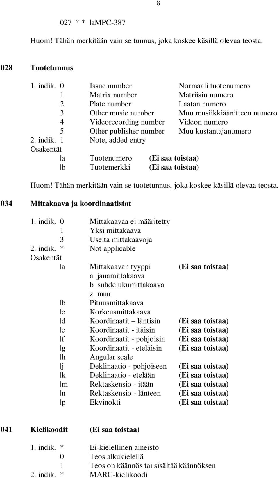 publisher number Muu kustantajanumero 2. indik. 1 Note, added entry a Tuotenumero (Ei saa toistaa) b Tuotemerkki (Ei saa toistaa) Huom!