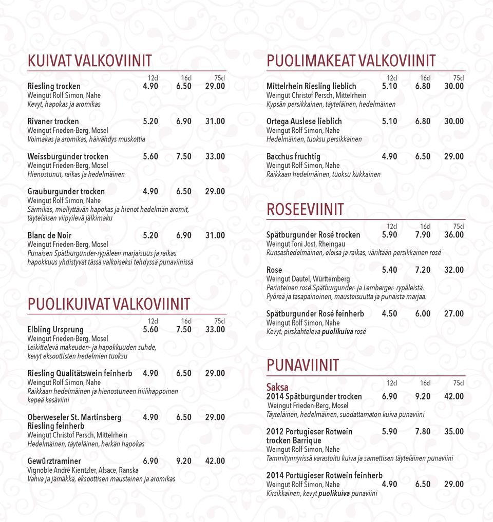 00 Punaisen Spätburgunder-rypäleen marjaisuus ja raikas hapokkuus yhdistyvät tässä valkoiseksi tehdyssä punaviinissä PUOLIKUIVAT VALKOVIINIT Elbling Ursprung 5.60 7.50 33.