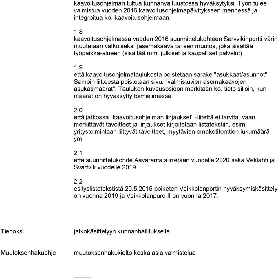 julkiset ja kaupalliset palvelut). 1.9 että kaavoitusohjelmataulukosta poistetaan sarake "asukkaat/asunnot" Samoin liitteestä poistetaan sivu: "valmistuvien asemakaavojen asukasmäärät".