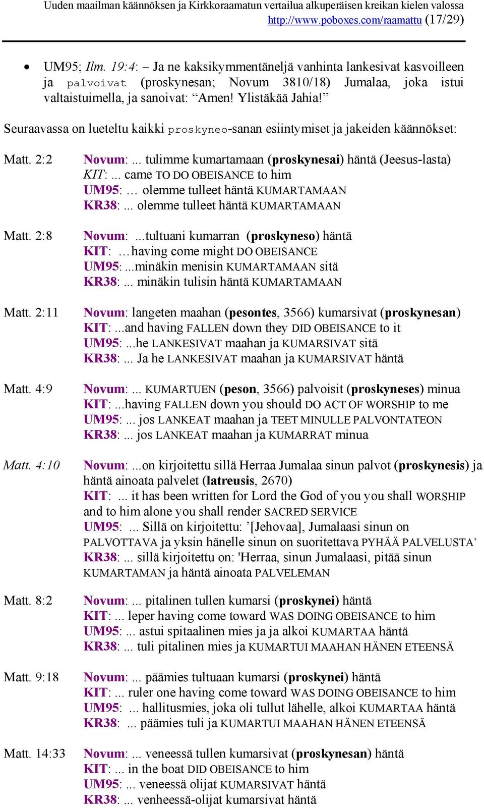 Seuraavassa on lueteltu kaikki proskyneo-sanan esiintymiset ja jakeiden käännökset: Matt. 2:2 Matt. 2:8 Matt. 2:11 Matt. 4:9 Matt. 4:10 Matt. 8:2 Matt. 9:18 Matt. 14:33 Novum:.