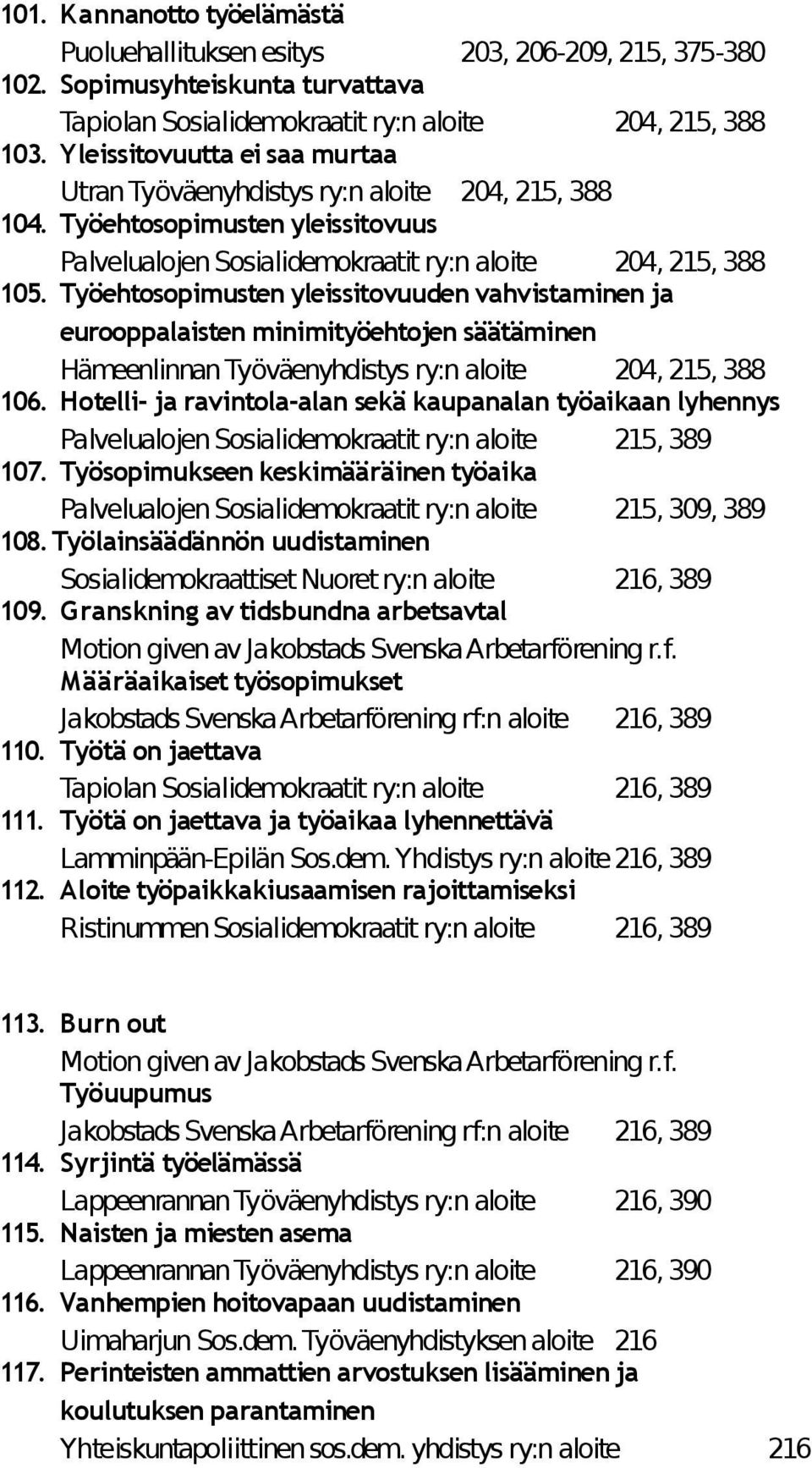 Työehtosopimusten yleissitovuuden vahvistaminen ja eurooppalaisten minimityöehtojen säätäminen Hämeenlinnan Työväenyhdistys ry:n aloite 204, 215, 388 106.