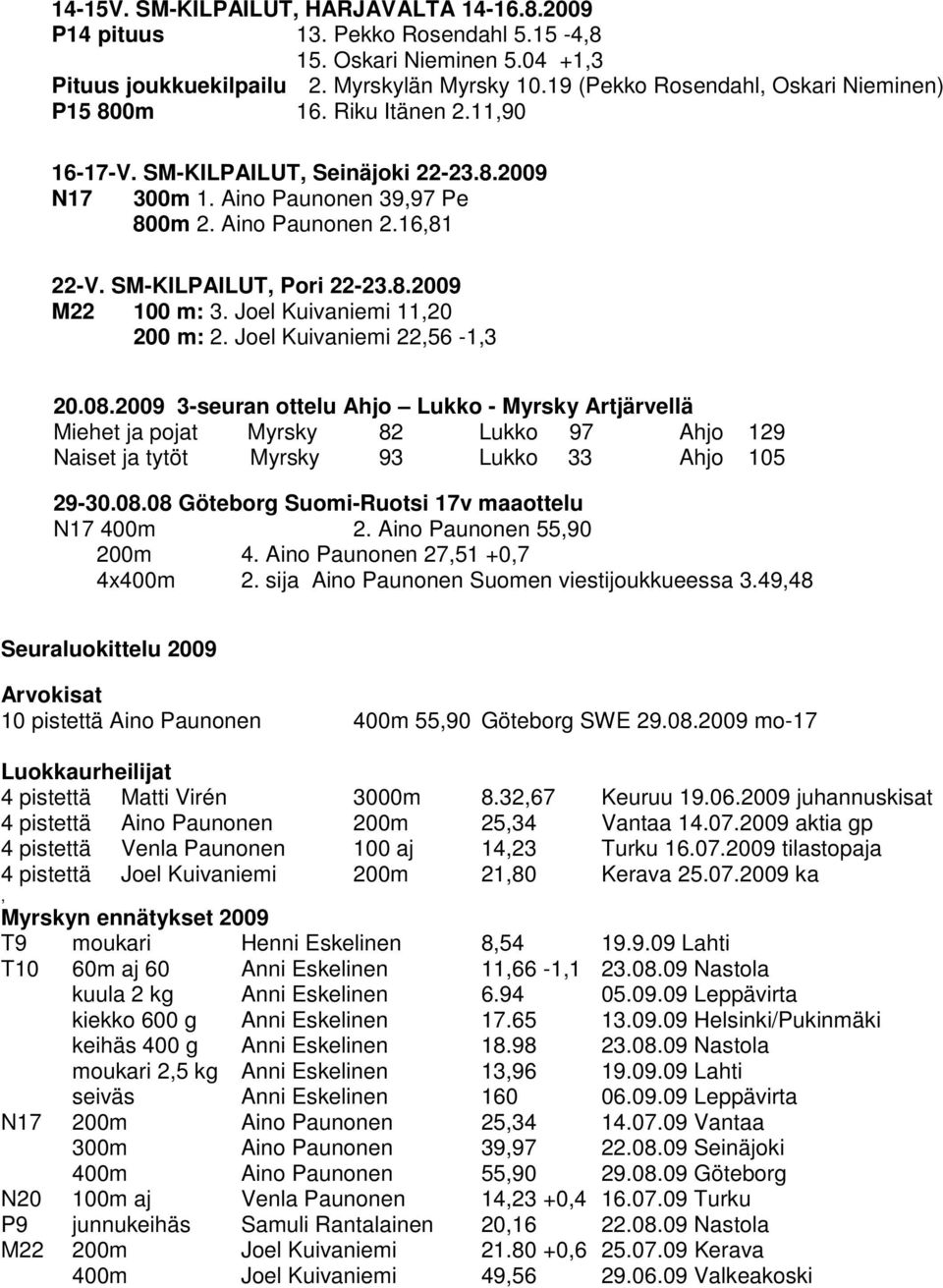 SM-KILPAILUT, Pori 22-23.8.2009 M22 100 m: 3. Joel Kuivaniemi 11,20 200 m: 2. Joel Kuivaniemi 22,56-1,3 20.08.