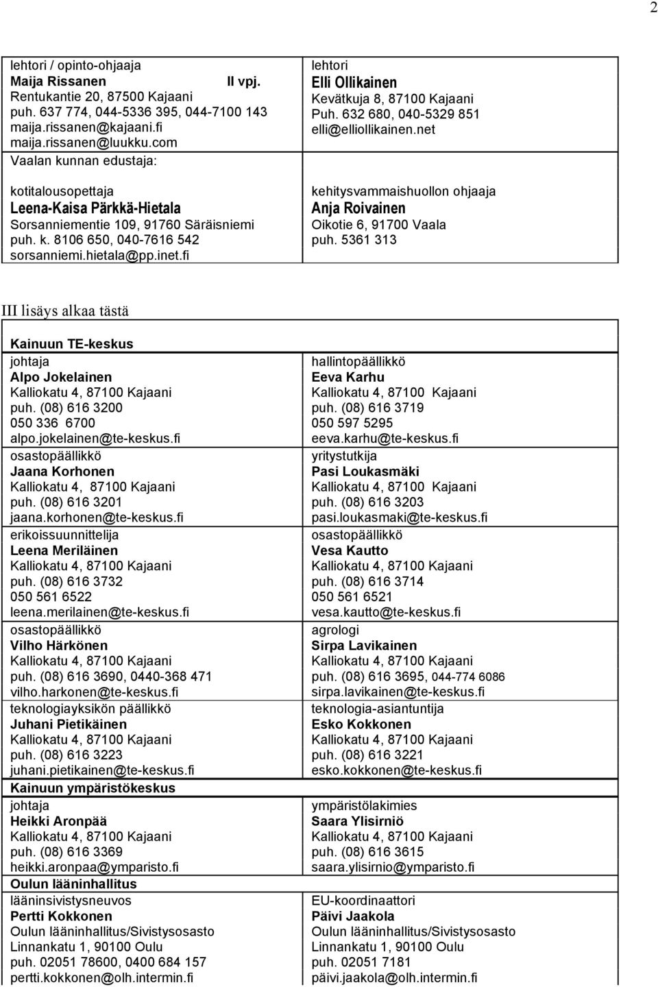 fi lehtori Elli Ollikainen Kevätkuja 8, 87100 Kajaani Puh. 632 680, 040-5329 851 elli@elliollikainen.net kehitysvammaishuollon ohjaaja Anja Roivainen Oikotie 6, 91700 Vaala puh.