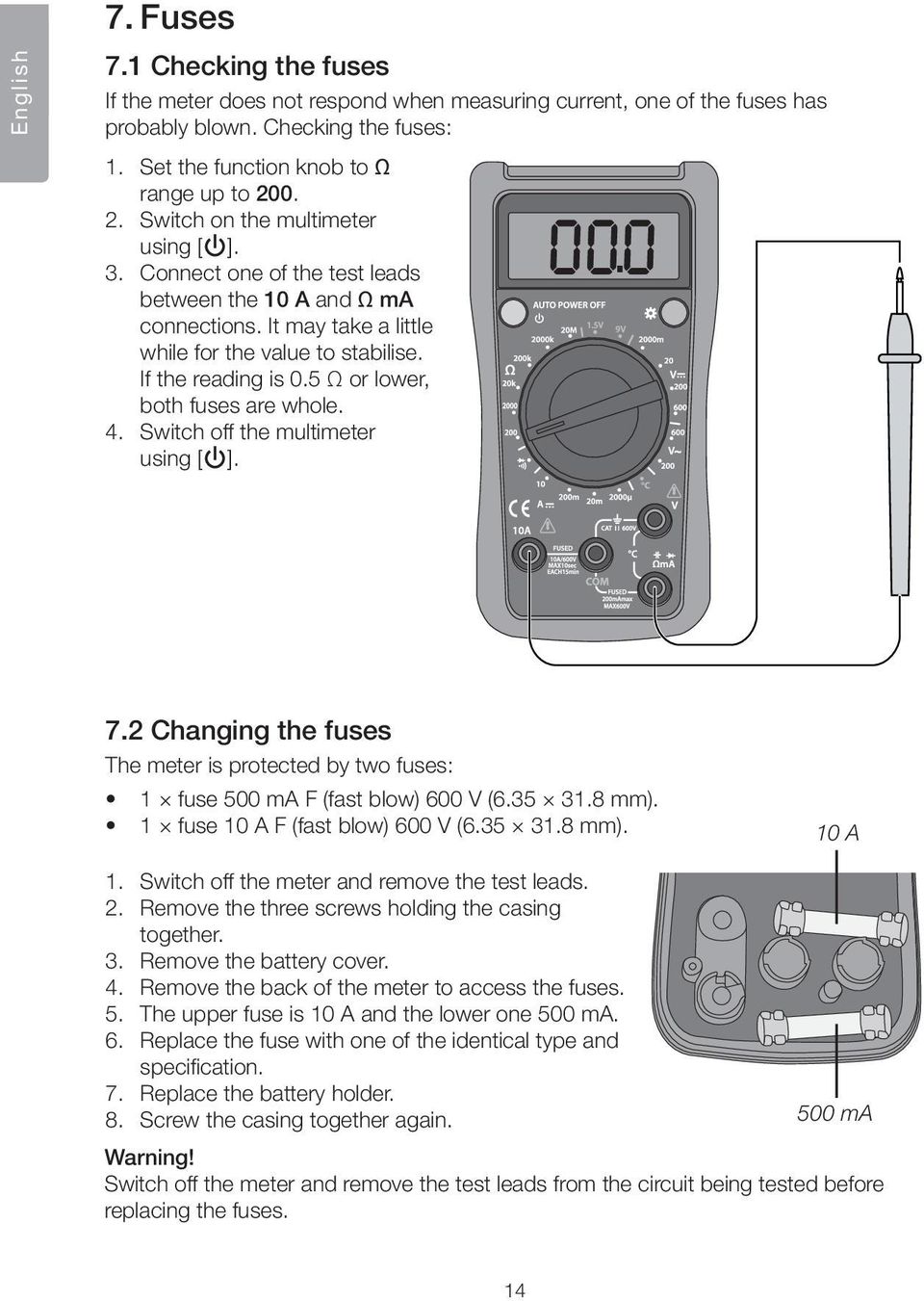5 Ω or lower, both fuses are whole. 4. Switch off the multimeter using [ ]. 7.2 Changing the fuses The meter is protected by two fuses: 1 fuse 500 ma F (fast blow) 600 V (6.35 31.8 mm).