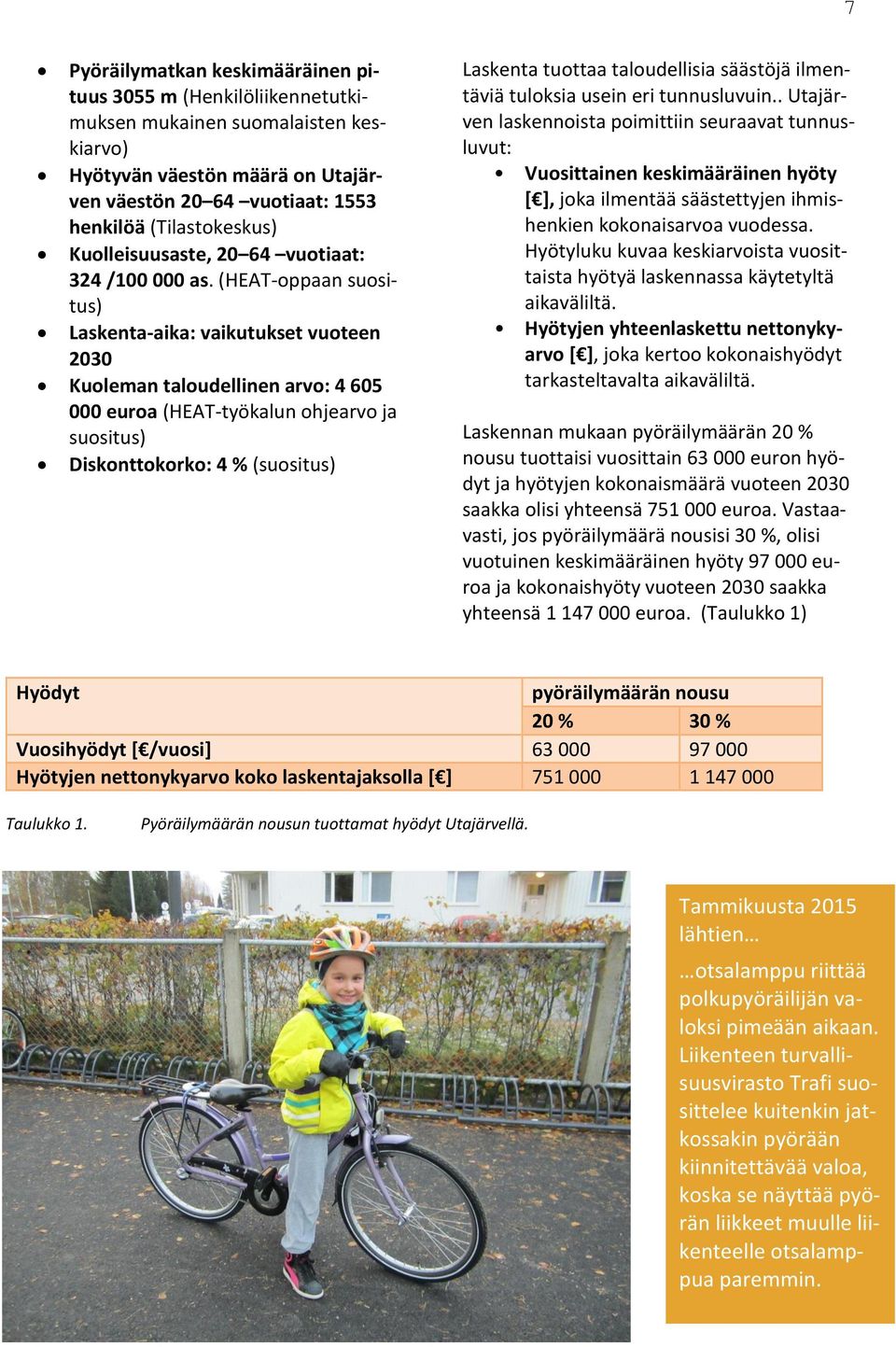 (HEAT-oppaan suositus) Laskenta-aika: vaikutukset vuoteen 2030 Kuoleman taloudellinen arvo: 4 605 000 euroa (HEAT-työkalun ohjearvo ja suositus) Diskonttokorko: 4 % (suositus) Laskenta tuottaa