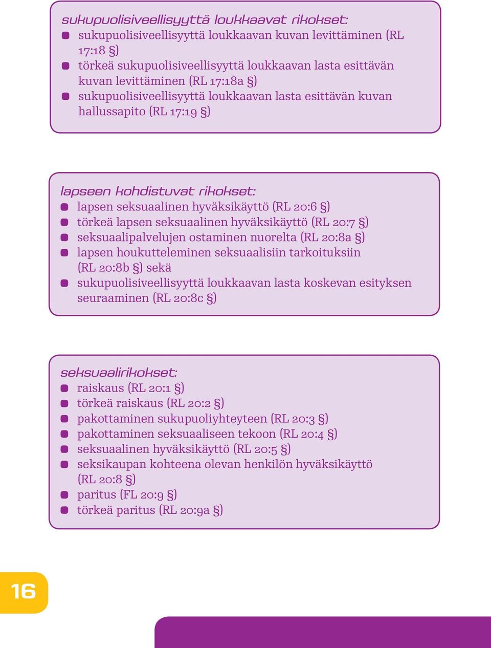 (RL 20:7 ) seksuaalipalvelujen ostaminen nuorelta (RL 20:8a ) lapsen houkutteleminen seksuaalisiin tarkoituksiin (RL 20:8b ) sekä sukupuolisiveellisyyttä loukkaavan lasta koskevan esityksen